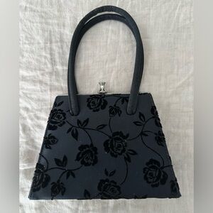 CABRELLI Small Black Roses Floral Patterned Evening Purse with Silver Cl…